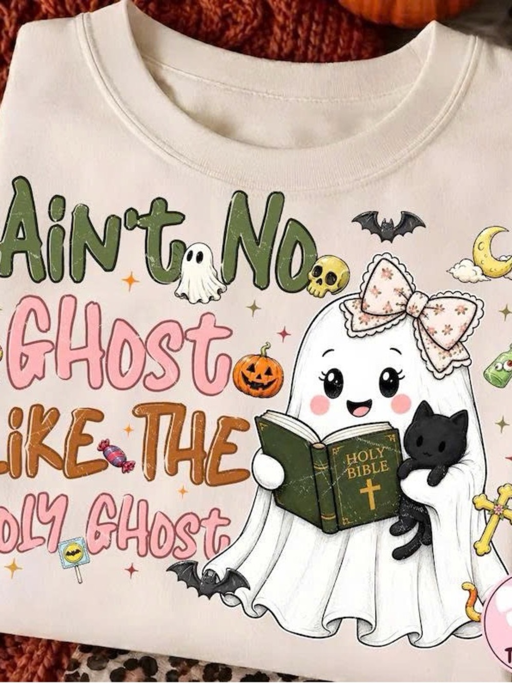 Gildan White Tee with Pink & Green Cute Halloween Ghost Graphic